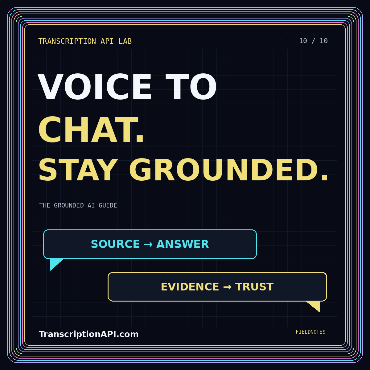 Neon typography card: VOICE TO CHAT. STAY GROUNDED. — Chat transcription API workflows: ground answers in the recording