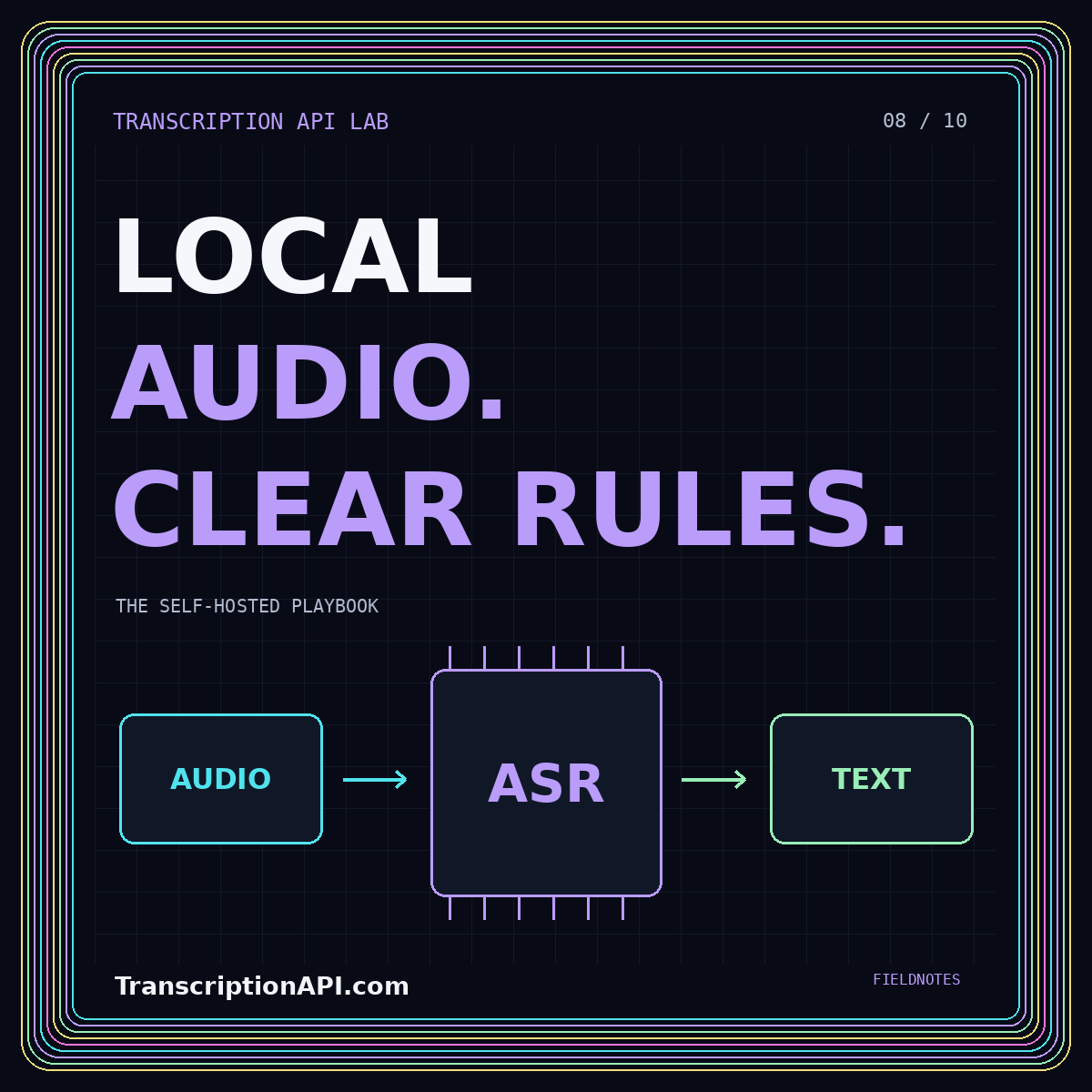 Neon typography card: LOCAL AUDIO. CLEAR RULES. — Local LLM transcription API deployment: a practical architecture