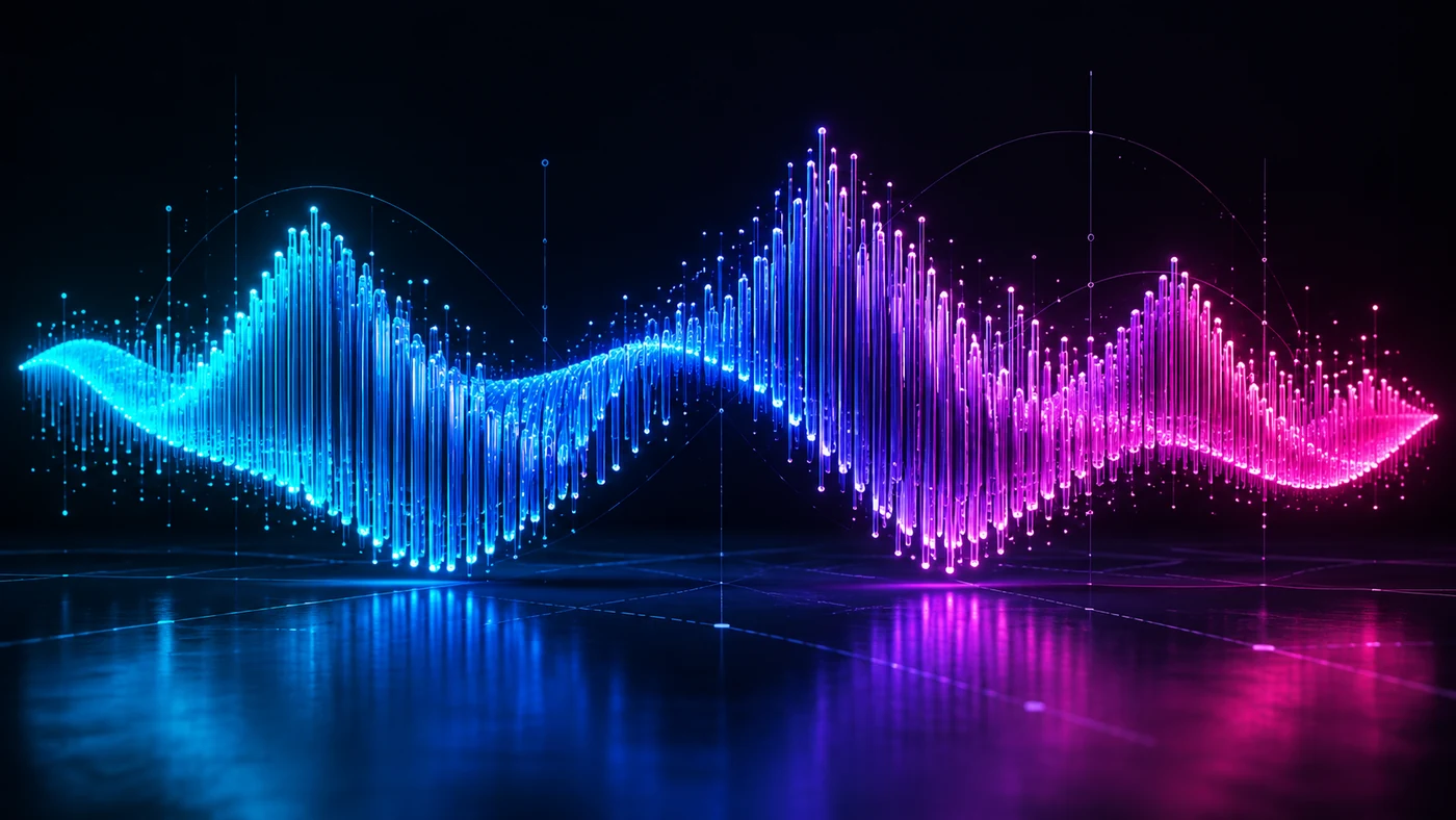 Original cyan and magenta audio waveform suspended in a dark digital space