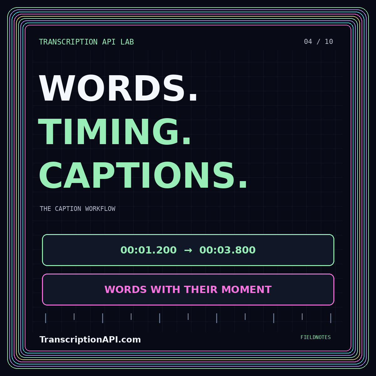 Neon typography card: WORDS. TIMING. CAPTIONS. — From speech-to-text API output to reviewed WebVTT captions