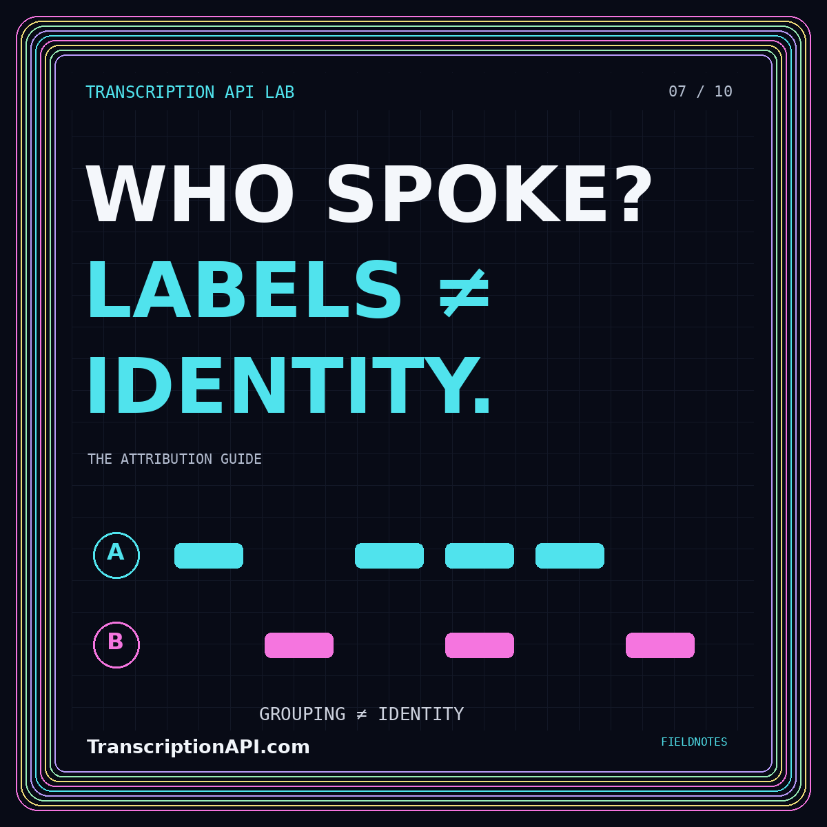 Neon typography card: WHO SPOKE? LABELS ≠ IDENTITY. — Speaker diarization for voice transcription: labels are not identities