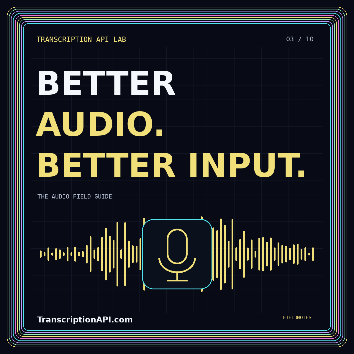 Neon typography card: BETTER AUDIO. BETTER INPUT. — Voice transcription API audio quality: diagnose before you denoise